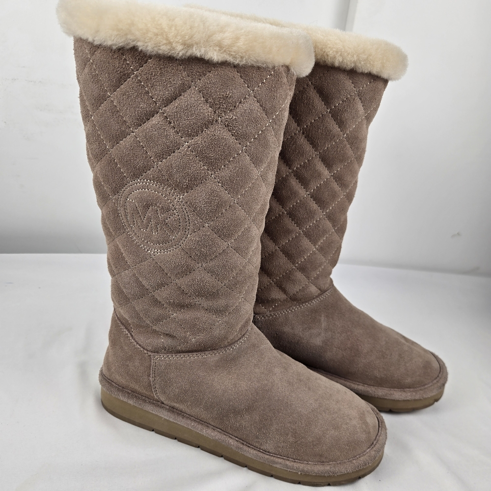 Michael Kors Quilted Suede Shearling-Trim Sheep Fur Lining Tall Boot - Taupe 6M